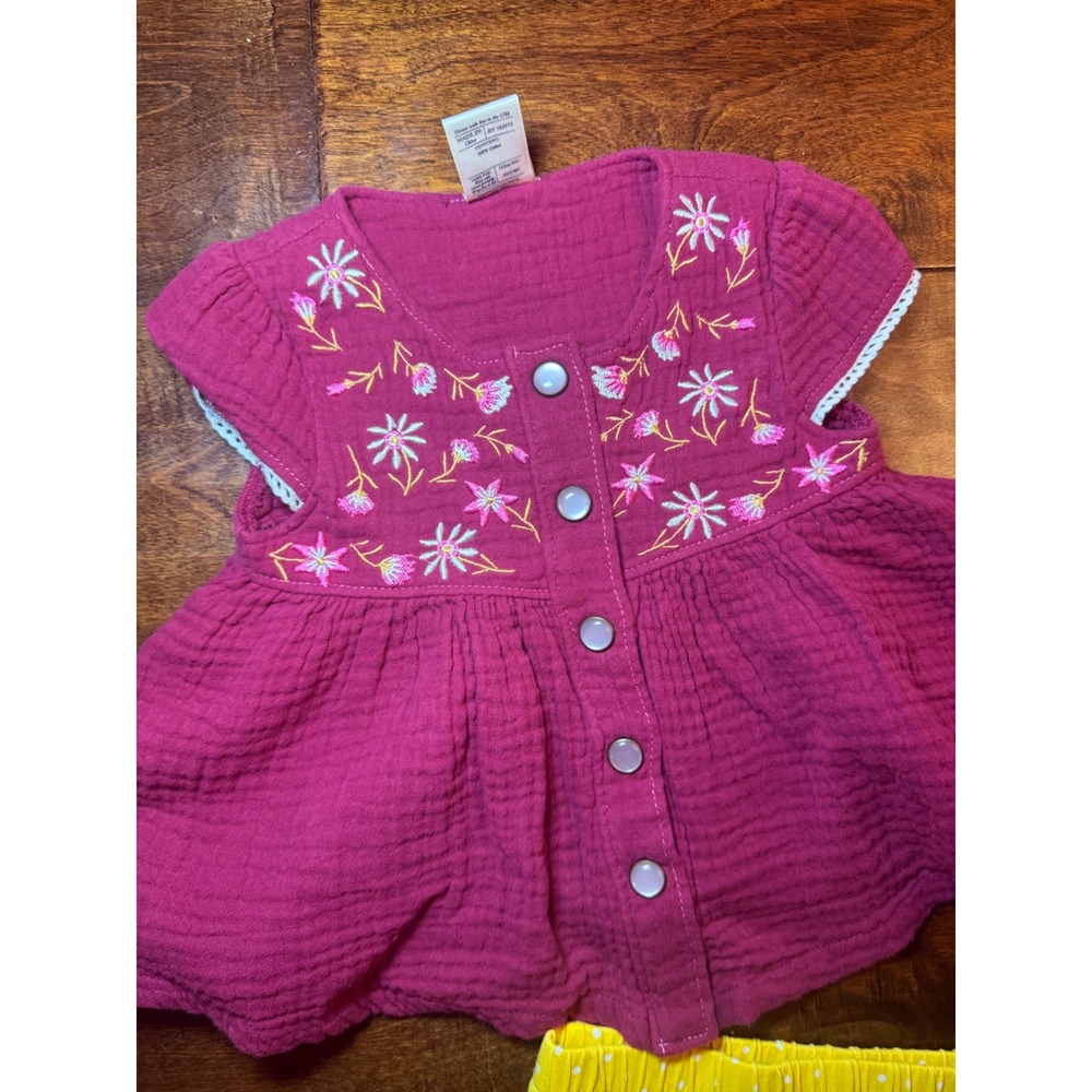 Wildflowers Baby Girls Pink Gauze Floral Embroidered Tunic Yellow Bloomers Set - Picture 3 of 5